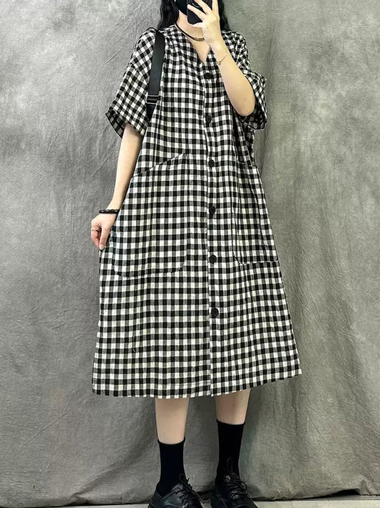 Sommer V-Ausschnitt Kleid Frauen Plaid Vintage
