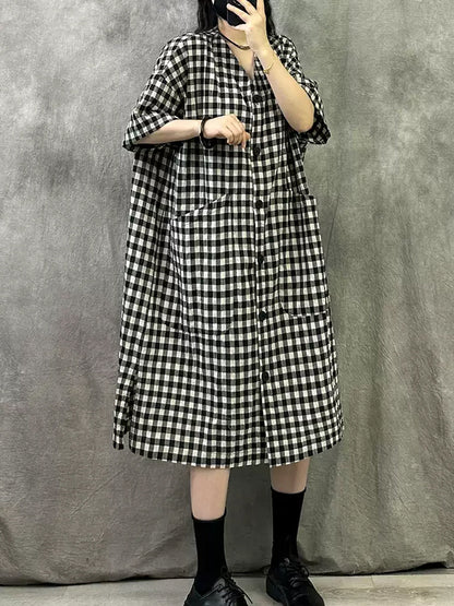 Sommer V-Ausschnitt Kleid Frauen Plaid Vintage