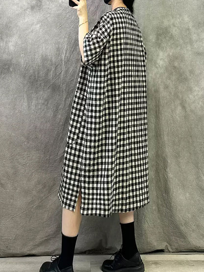 Sommer V-Ausschnitt Kleid Frauen Plaid Vintage