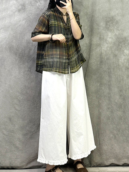 Retro Shirt Damen Sommer V-Ausschnitt Plaid Ramie