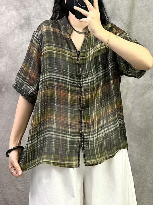 Retro Shirt Damen Sommer V-Ausschnitt Plaid Ramie