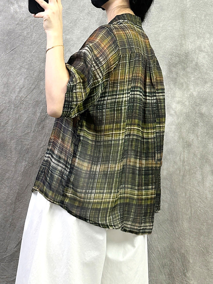 Retro Shirt Damen Sommer V-Ausschnitt Plaid Ramie