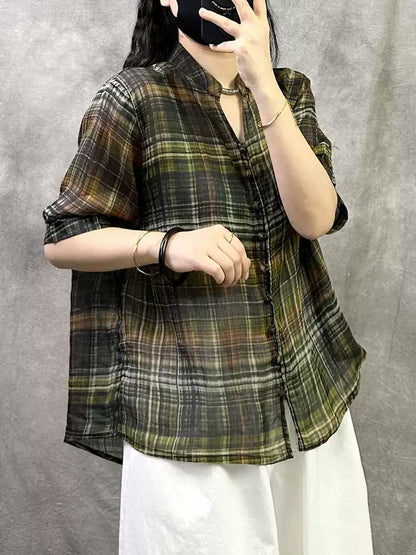 Retro Shirt Damen Sommer V-Ausschnitt Plaid Ramie