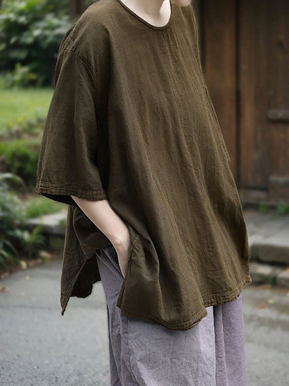 Lässiges Sommerhemd aus 100 % Baumwolle mit Rundhalsausschnitt und reiner Farbe für Damen 