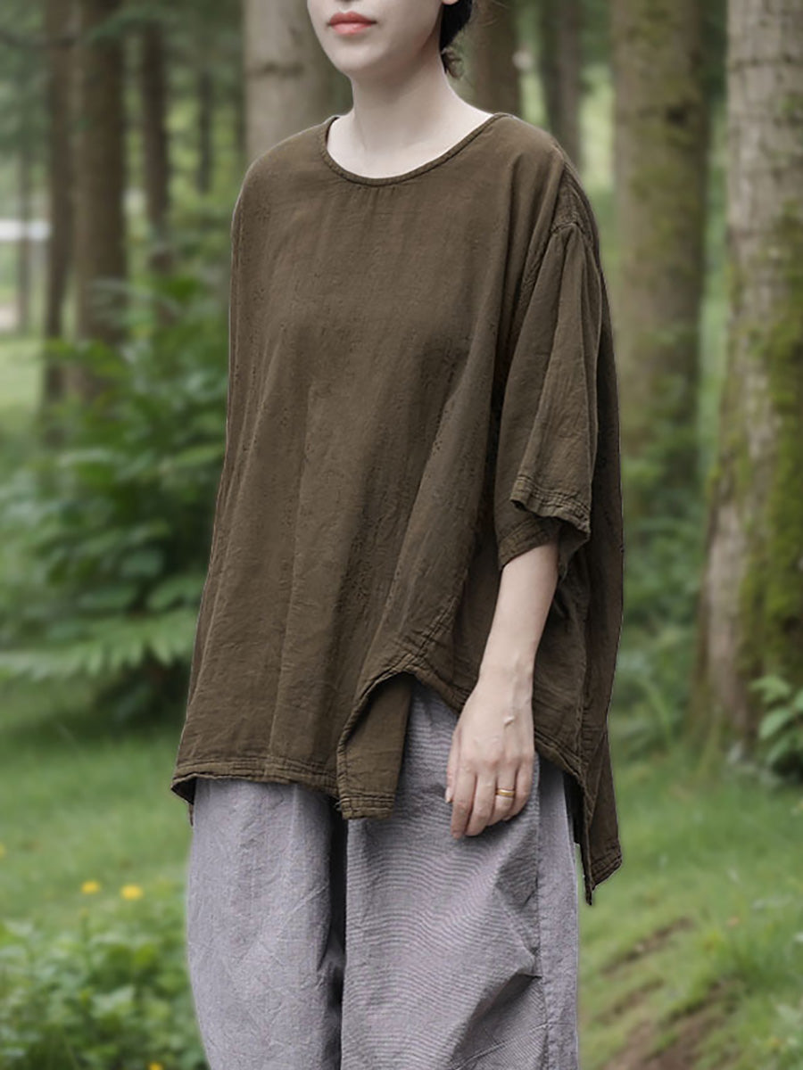 Lässiges Sommerhemd aus 100 % Baumwolle mit Rundhalsausschnitt und reiner Farbe für Damen 