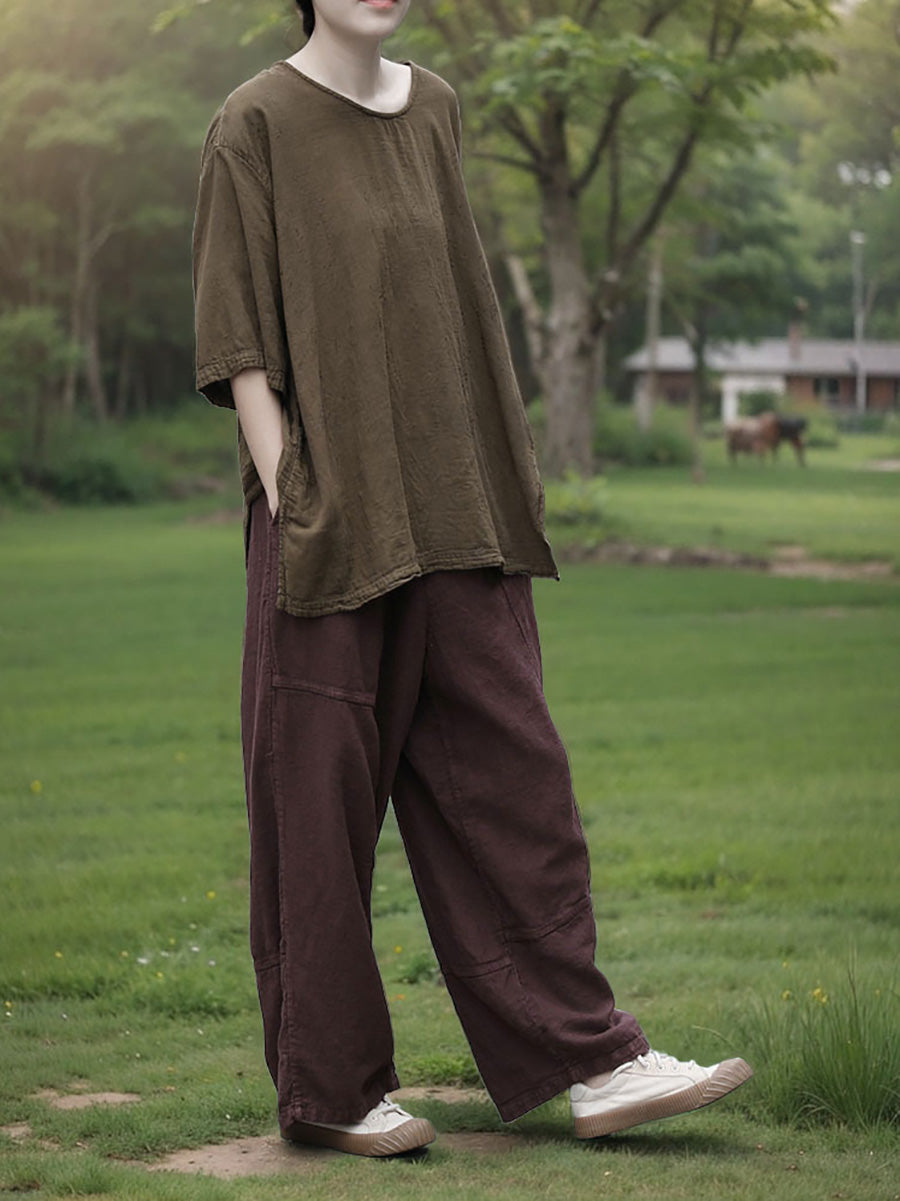 Lässiges Sommerhemd aus 100 % Baumwolle mit Rundhalsausschnitt und reiner Farbe für Damen 