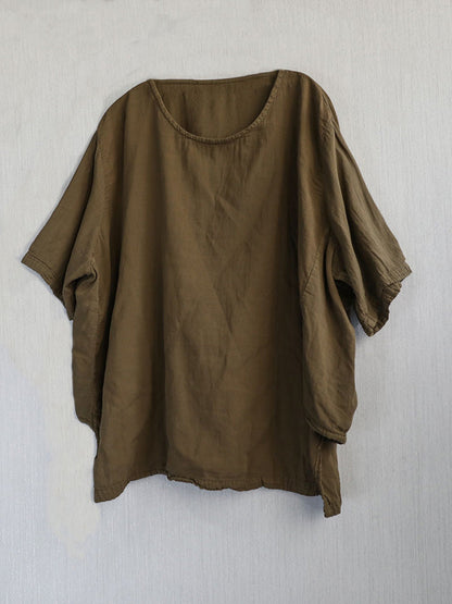 Lässiges Sommerhemd aus 100 % Baumwolle mit Rundhalsausschnitt und reiner Farbe für Damen 