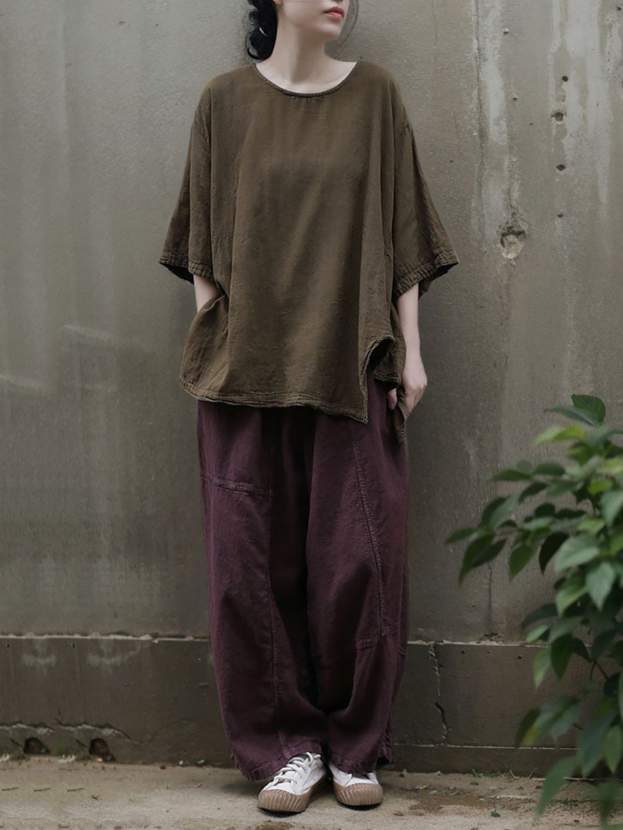 Lässiges Sommerhemd aus 100 % Baumwolle mit Rundhalsausschnitt und reiner Farbe für Damen 