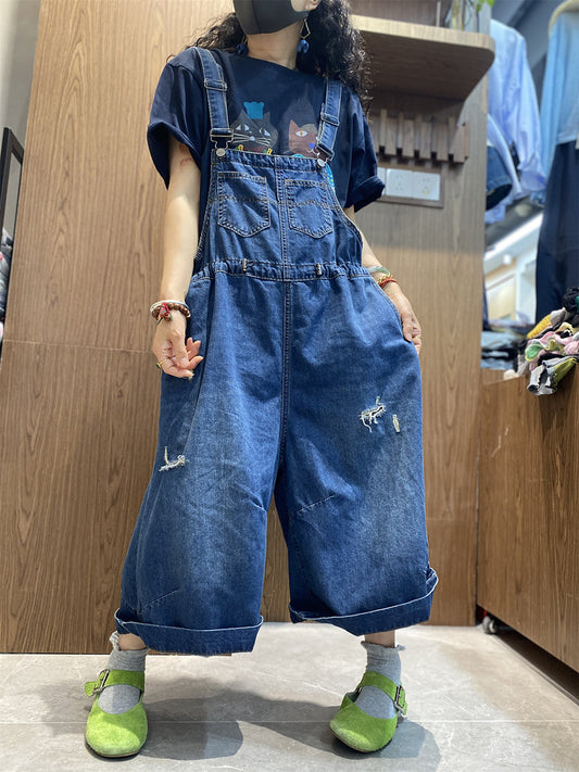 Color Women Retro Summer Jumpsuits Denim Pure Frayed Long
