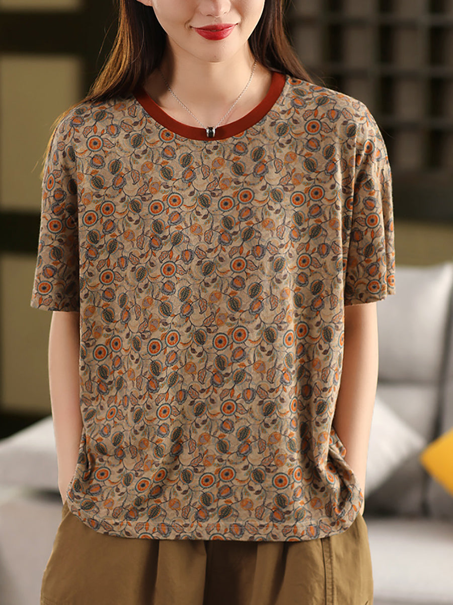 Retro O-Neck 100%Cotton Women Flower Summer Shirt