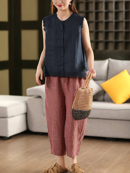 Pantalon d'été rétro pour femme, 100 % lin, couleur pure