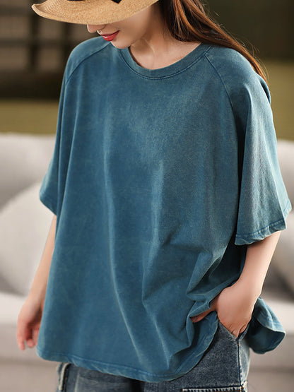 Chemise d'été 100 % coton pour femme, col rond, couleur unie, décontractée 