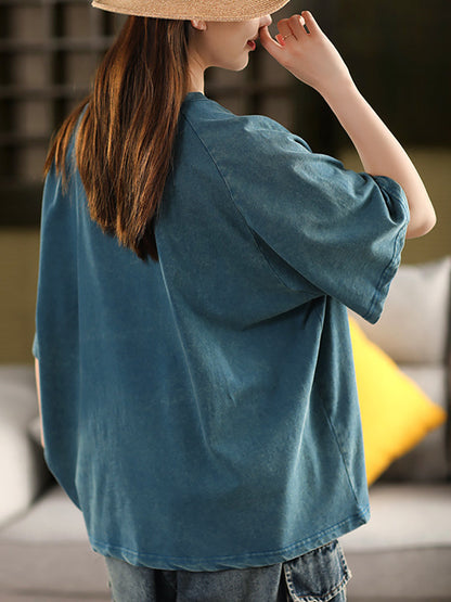 Chemise d'été 100 % coton pour femme, col rond, couleur unie, décontractée 