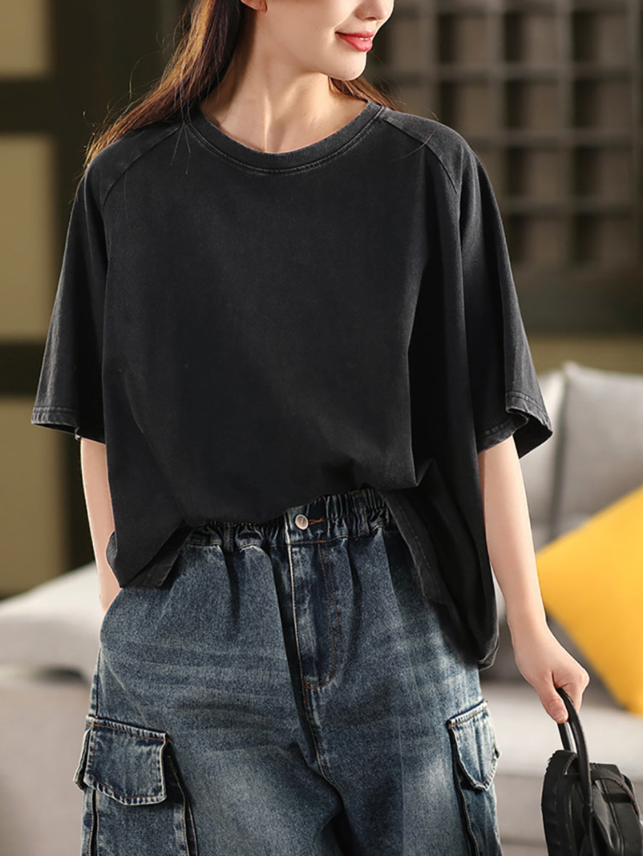 Chemise d'été 100 % coton pour femme, col rond, couleur unie, décontractée 