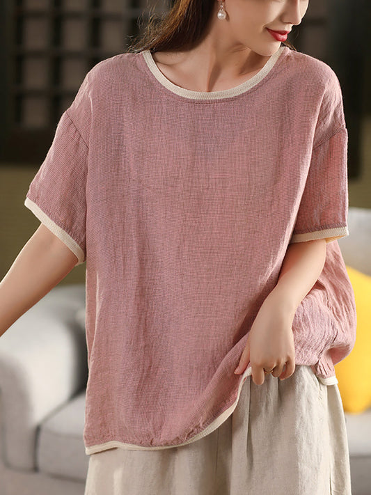 Plaid O-Ausschnitt Artsy 100% Hanf Sommer Shirt Colorblock Damen