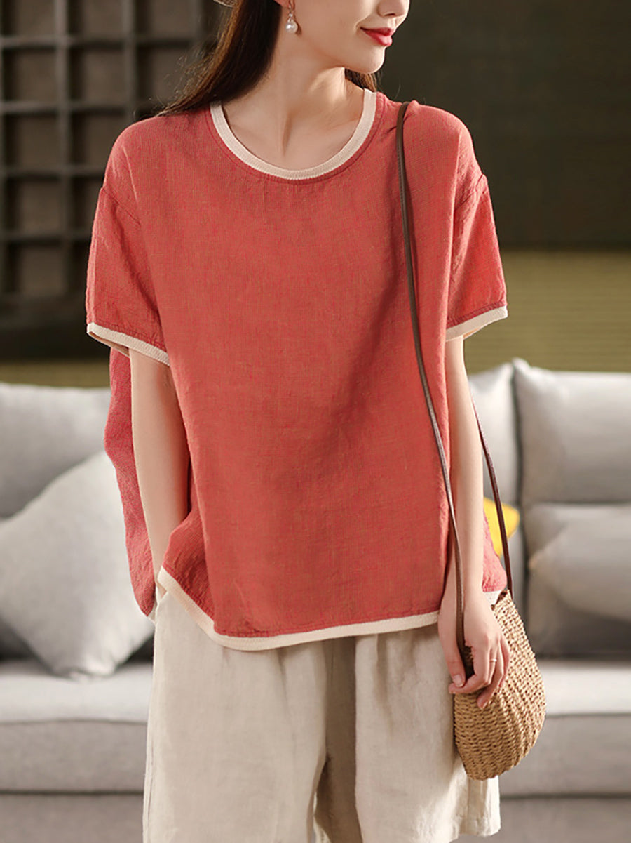 Plaid O-Ausschnitt Artsy 100% Hanf Sommer Shirt Colorblock Damen