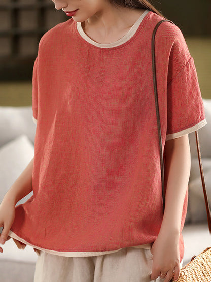 Plaid O-Ausschnitt Artsy 100% Hanf Sommer Shirt Colorblock Damen