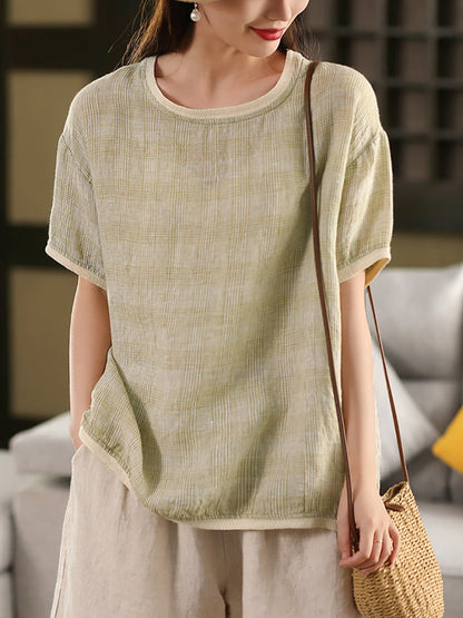 Plaid O-Ausschnitt Artsy 100% Hanf Sommer Shirt Colorblock Damen