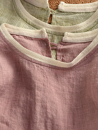 Plaid O-Ausschnitt Artsy 100% Hanf Sommer Shirt Colorblock Damen