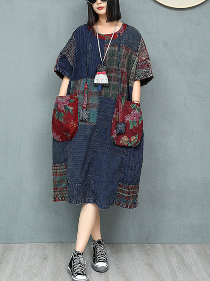Patchwork Baumwolle Damen Sommer Retro O-Ausschnitt Kleid