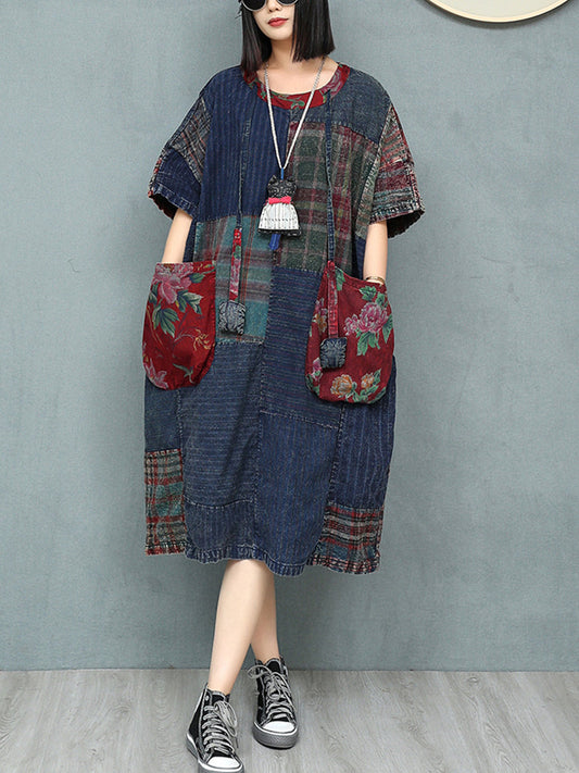 Patchwork Baumwolle Damen Sommer Retro O-Ausschnitt Kleid
