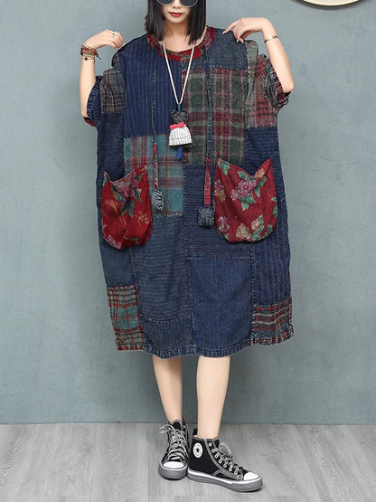 Patchwork Baumwolle Damen Sommer Retro O-Ausschnitt Kleid
