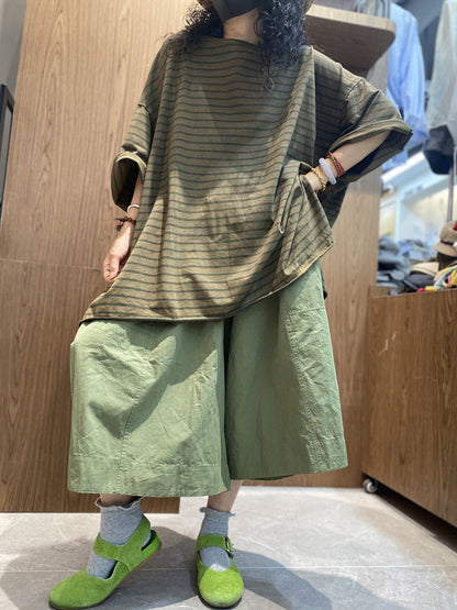 Chemise en coton à col rond et rayures pour femme, décontractée, été 