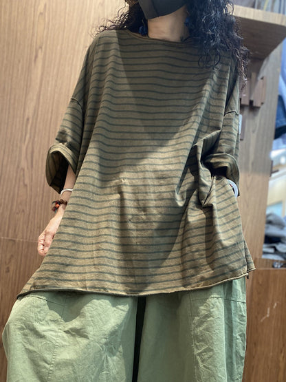 Chemise en coton à col rond et rayures pour femme, décontractée, été 