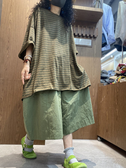 Chemise en coton à col rond et rayures pour femme, décontractée, été 