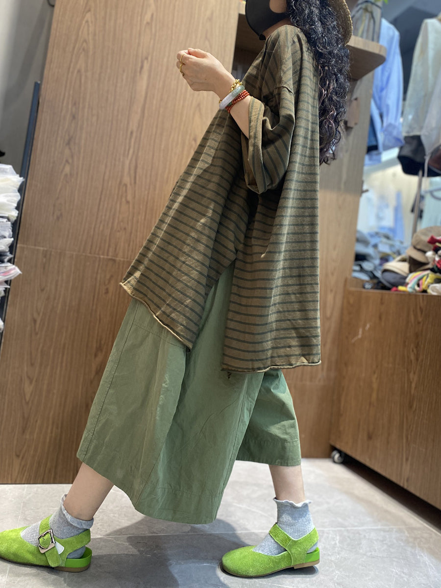 Chemise en coton à col rond et rayures pour femme, décontractée, été 