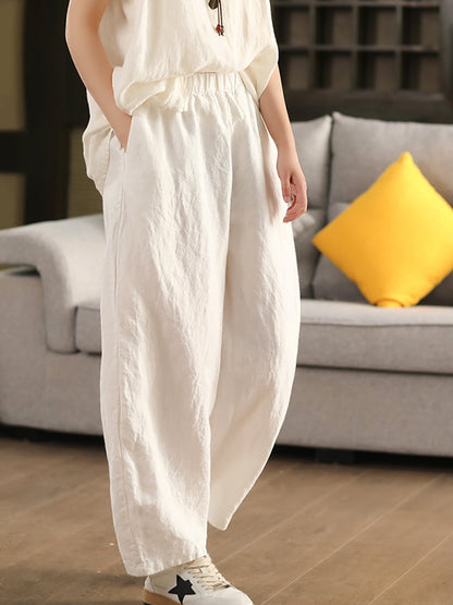 Pantalon 100 % chanvre décontracté pour femme, couleur unie, coupe droite, été