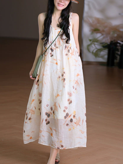 Frauen Weste O-Ausschnitt Artsy Sommerkleid 100% Ramie Blume