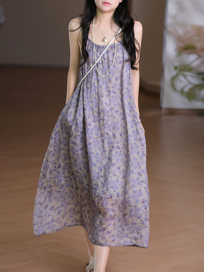 Frauen Weste O-Ausschnitt Artsy Sommerkleid 100% Ramie Blume