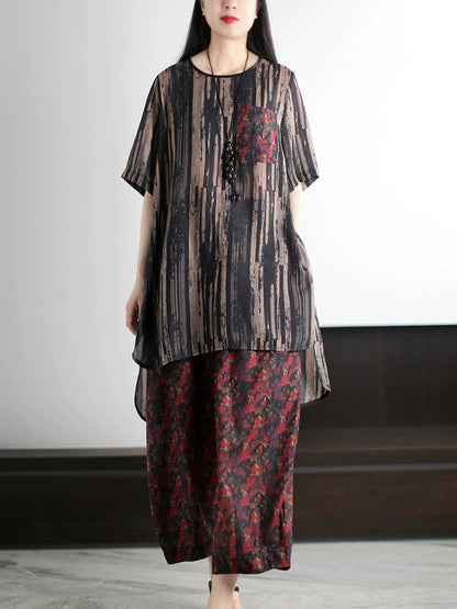 Ensemble d'été vintage à rayures et col rond pour femme, ample