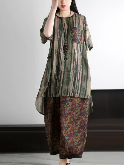 Ensemble d'été vintage à rayures et col rond pour femme, ample