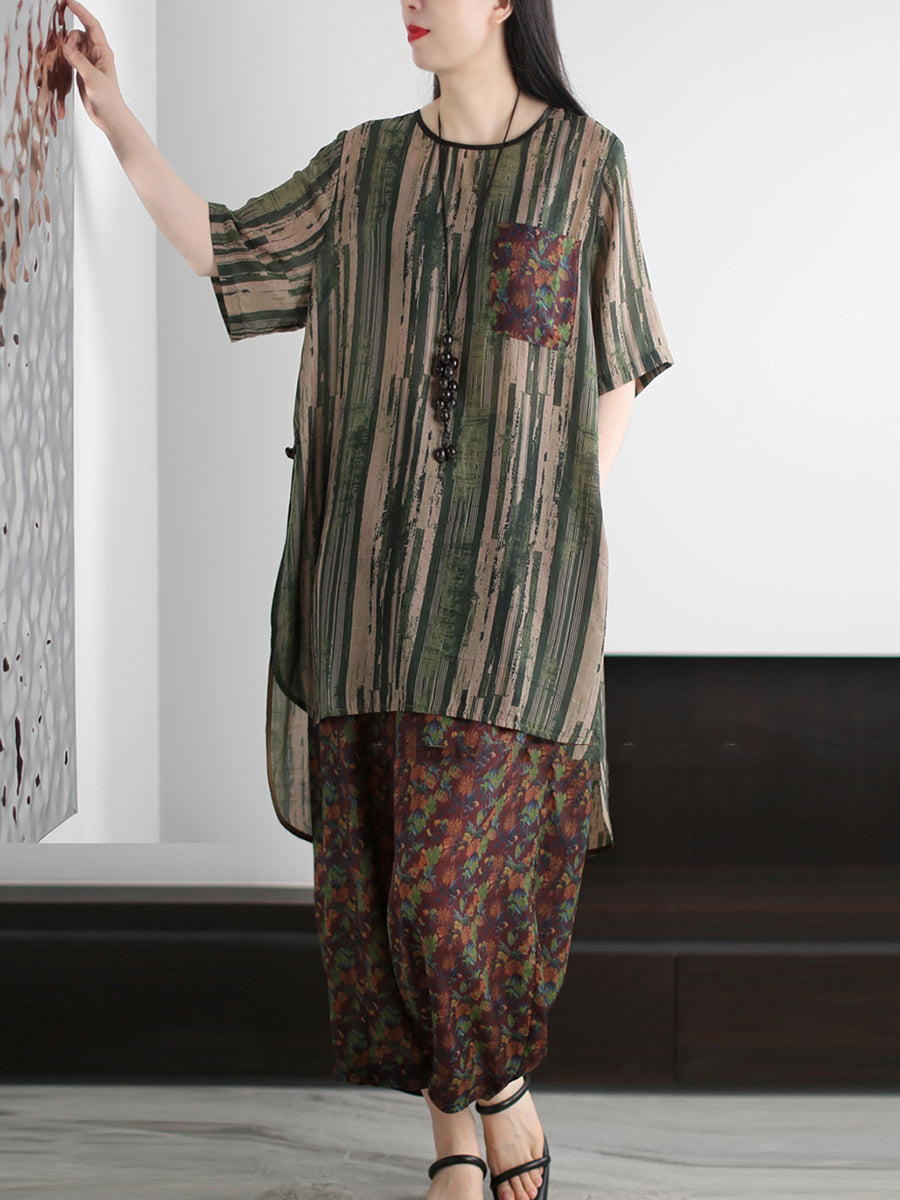 Ensemble d'été vintage à rayures et col rond pour femme, ample