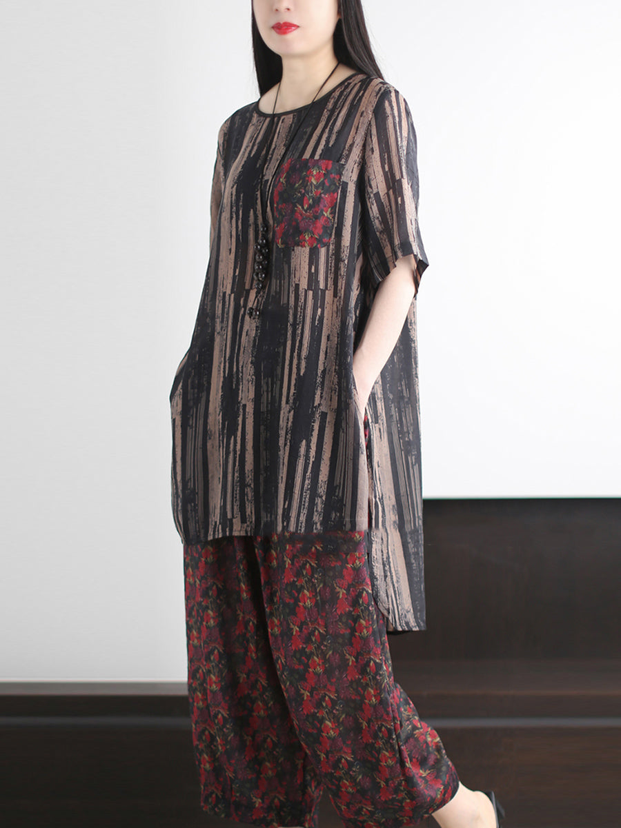 Ensemble d'été vintage à rayures et col rond pour femme, ample