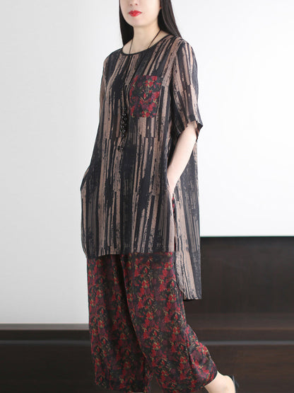 Ensemble d'été vintage à rayures et col rond pour femme, ample