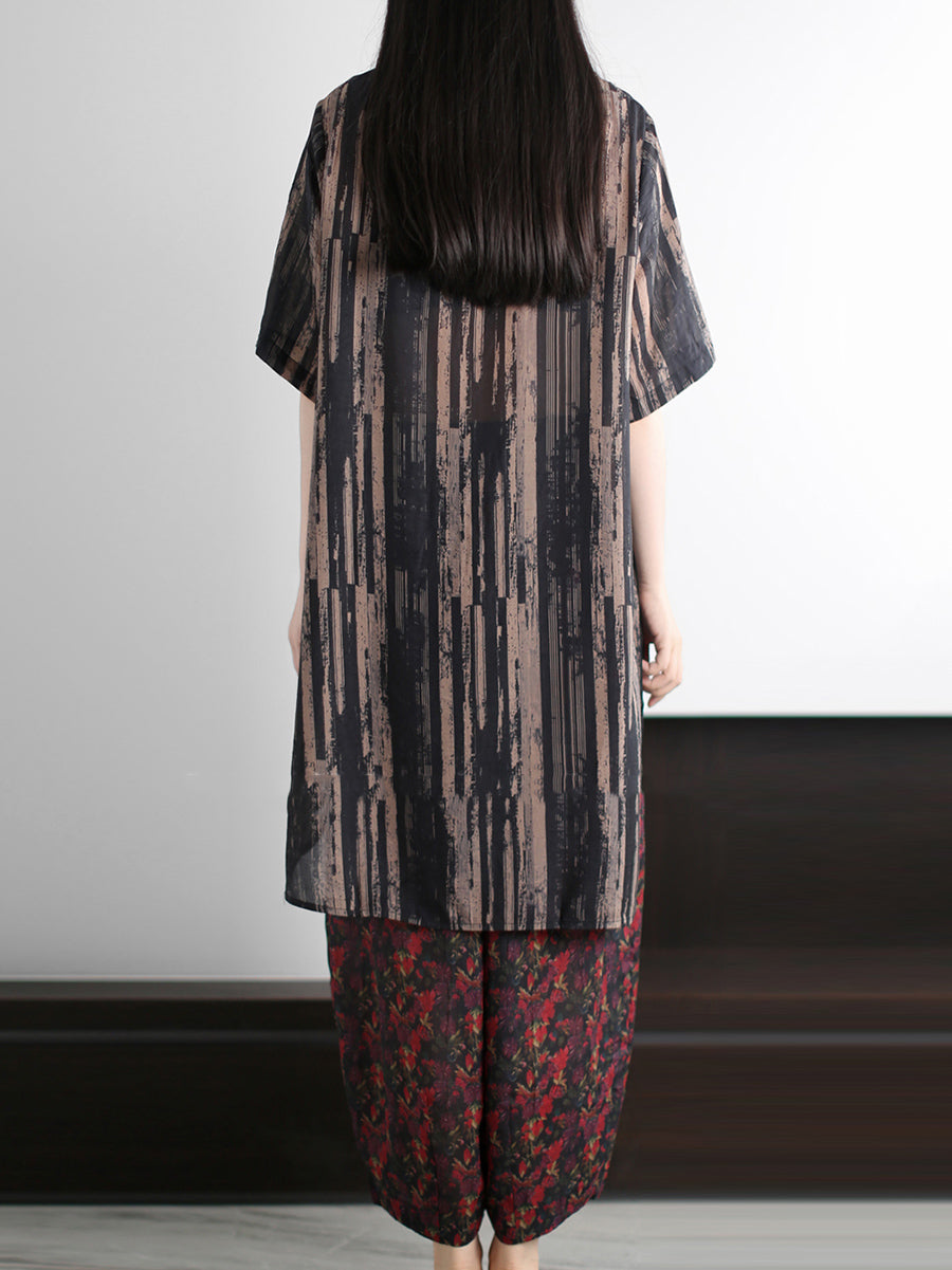 Ensemble d'été vintage à rayures et col rond pour femme, ample