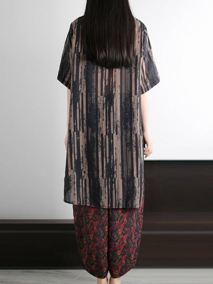 Ensemble d'été vintage à rayures et col rond pour femme, ample