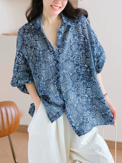 Hemd Druck Frauen Kragen Sommer Turn-down Artsy 100% Ramie