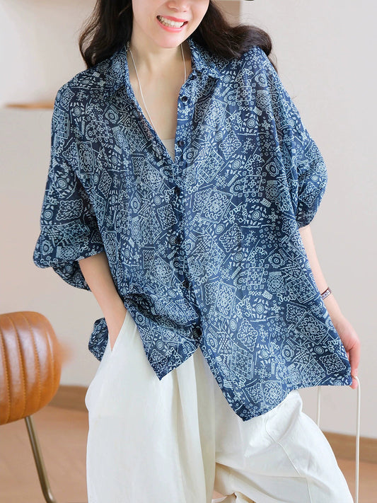 Hemd Druck Frauen Kragen Sommer Turn-down Artsy 100% Ramie