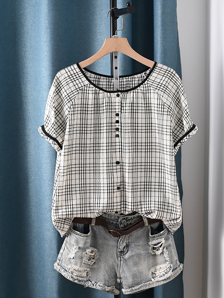 Summer Shirt Artsy Plaid 100%Cotton Women O-Neck Stripe