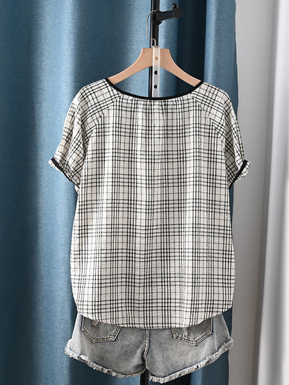 Summer Shirt Artsy Plaid 100%Cotton Women O-Neck Stripe