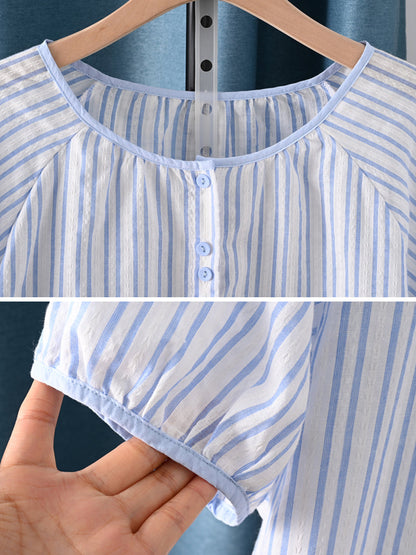 Summer Shirt Artsy Plaid 100%Cotton Women O-Neck Stripe