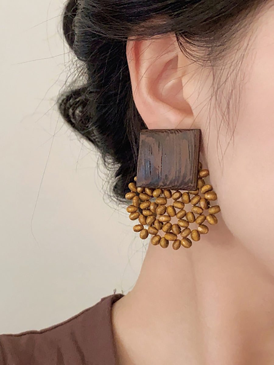 Square Vintage Wooden Bead Women Flower Earrings