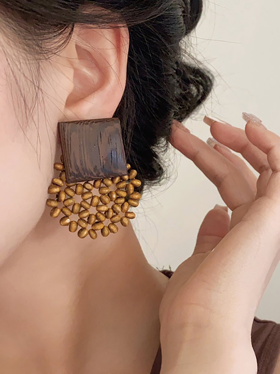 Square Vintage Wooden Bead Women Flower Earrings