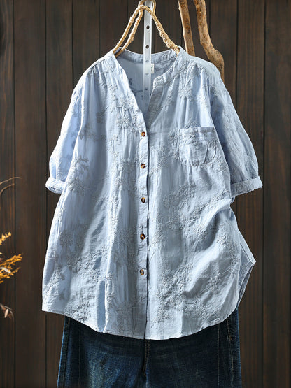 Blume 100% Baumwolle V-Ausschnitt Frauen Shirt Artsy Stickerei Sommer 