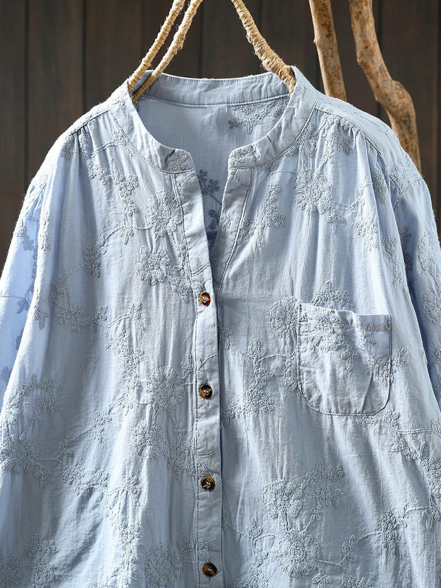 Blume 100% Baumwolle V-Ausschnitt Frauen Shirt Artsy Stickerei Sommer 