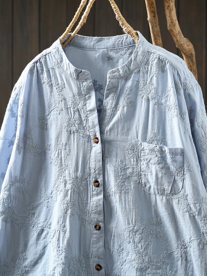 Blume 100% Baumwolle V-Ausschnitt Frauen Shirt Artsy Stickerei Sommer 